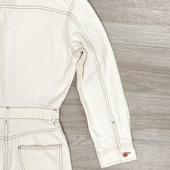 Zara Cotton Denim Jumpsuit Boilersuit with Contrast Topstitching in Ecru Size XS - Picture 13 of 16